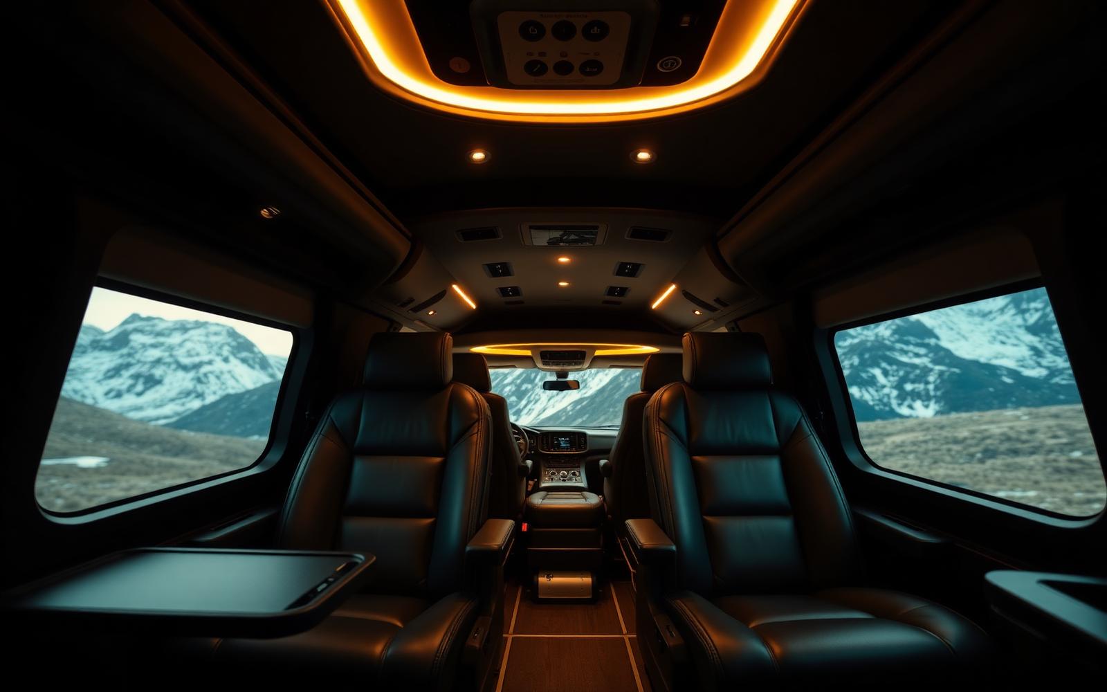 Inside a luxury Force Urbania — leather captain seats, ambient lighting